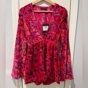 Prettylittlething plunge neck romper with bell sleeves, with floral felt pattern